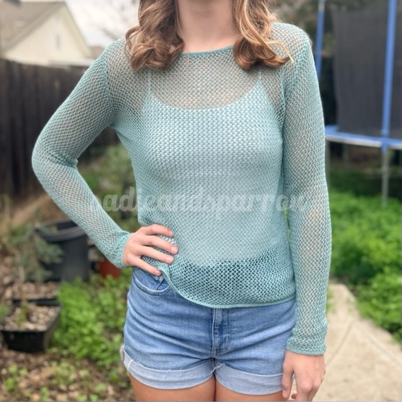 EILEEN FISHER M S VTG Linen Delave Open Stitch Sweater • Aqua Turquoise Seafoam - Picture 7 of 10